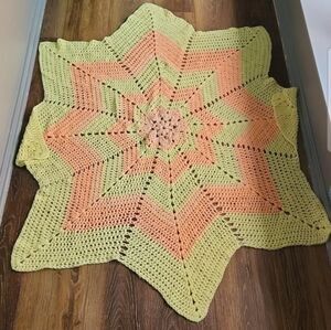 8 point Star Snowflake Crochet Knit Baby Blanket Throw Yellow Pink Peach Coral